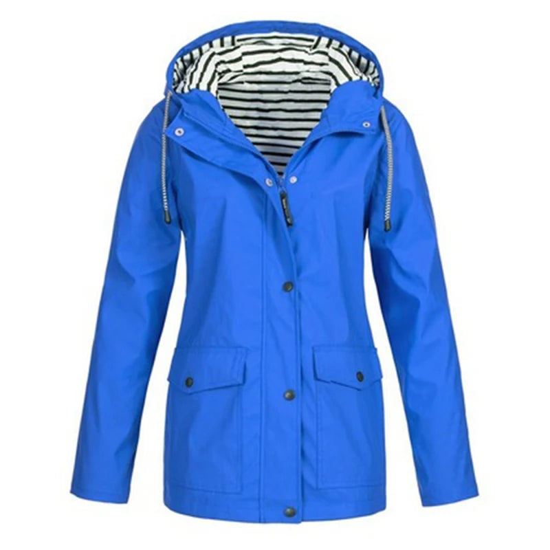 Waterproof Sunscreen Outdoor Sportswear Women'S Jacket Jacket Casual Hooded Long-Sleeved Loose Jacket Striped Plus Size Assault