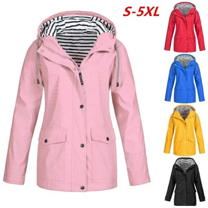 Waterproof Sunscreen Outdoor Sportswear Women'S Jacket Jacket Casual Hooded Long-Sleeved Loose Jacket Striped Plus Size Assault