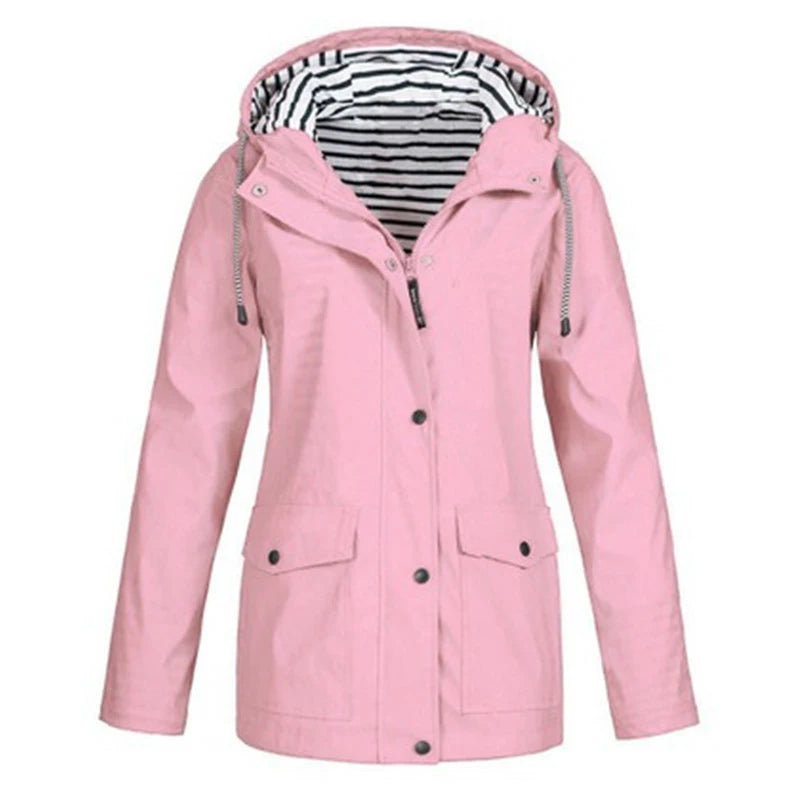 Waterproof Sunscreen Outdoor Sportswear Women'S Jacket Jacket Casual Hooded Long-Sleeved Loose Jacket Striped Plus Size Assault