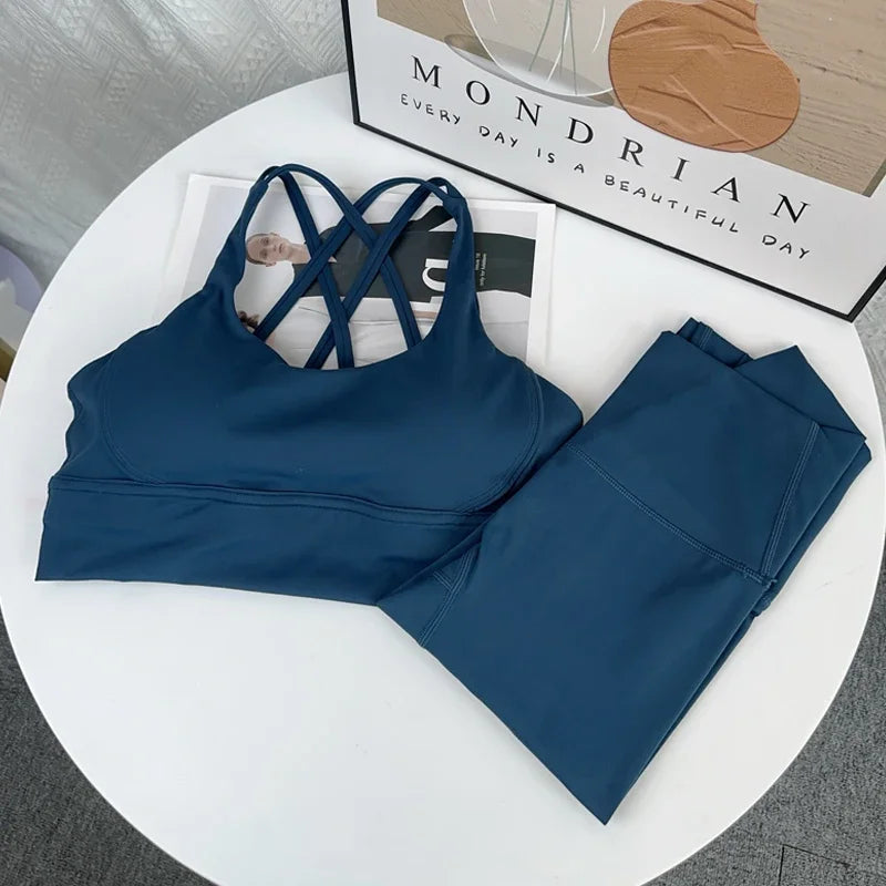 New 2 Piece Yoga Set Breathable Fitness Suit Cross Back Yoga Tops Peach Butt Yoga Pants Pilates Running Fitness Suit
