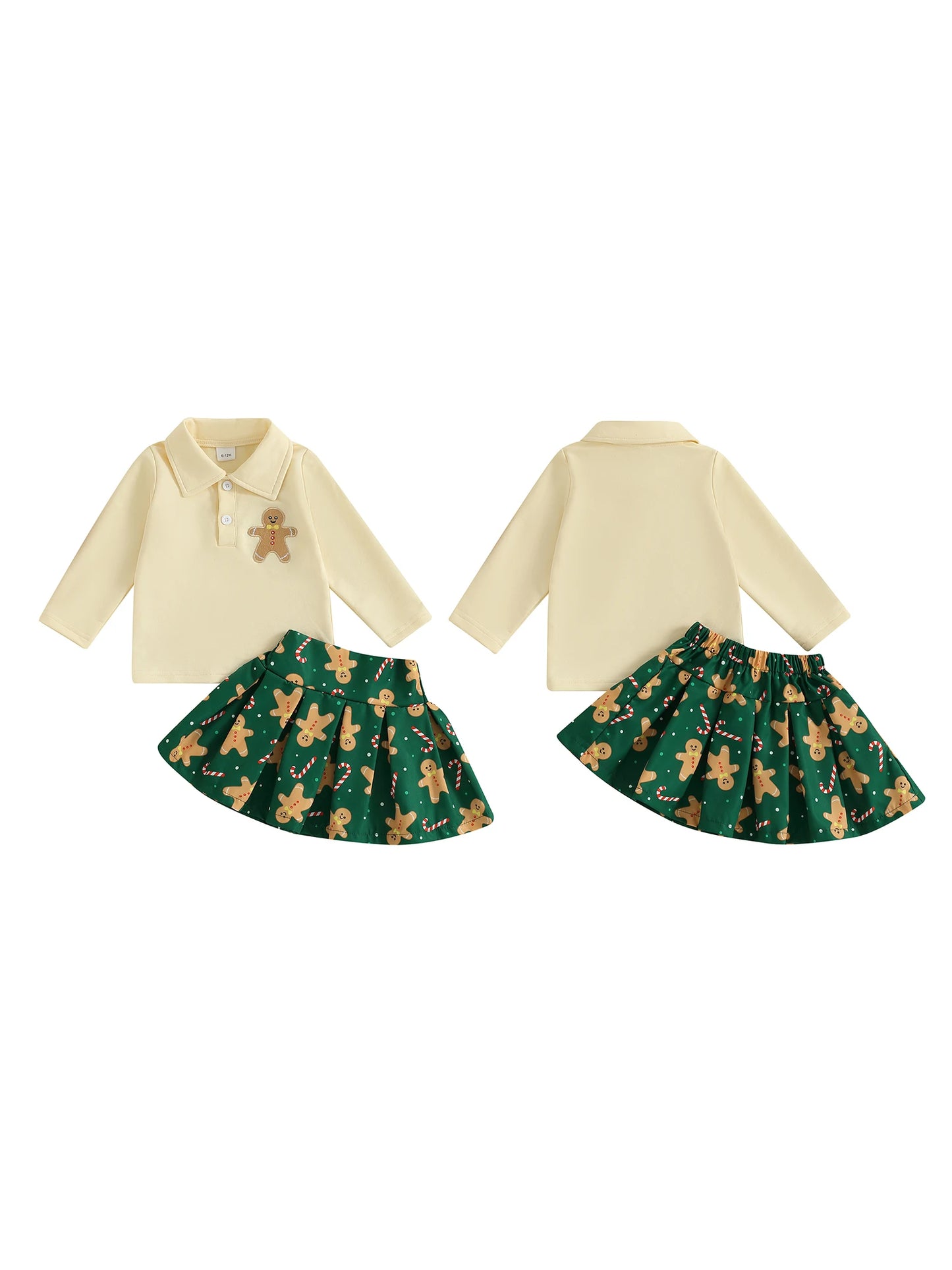 Girls Christmas Outfit with Lapel Long Sleeves Sweatshirt and Gingerbread Man Print Skirt - 2 Piece Set for Kids
