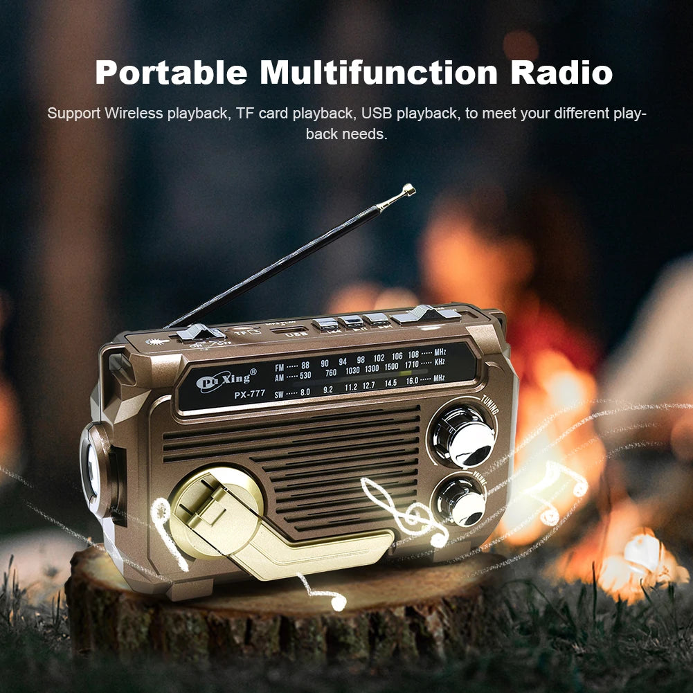 PX-777 Multi-function SW AM FM Radio Hand Crank Emergency Solar Radio BT5.2 Wireless Speaker 1200mAh Rechargeable Portable Radio