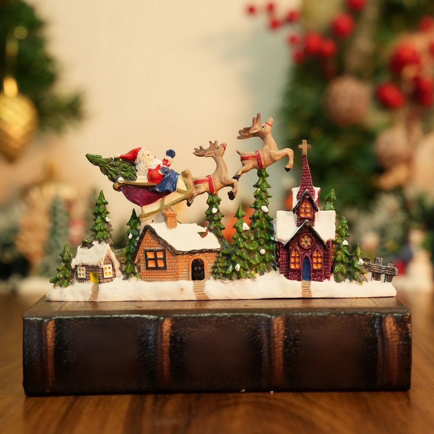 Christmas Santa Sleigh and Reindeer Snowy Village Scene Ornament Festive Micro Landscape Decoration for Home Tabletop Display