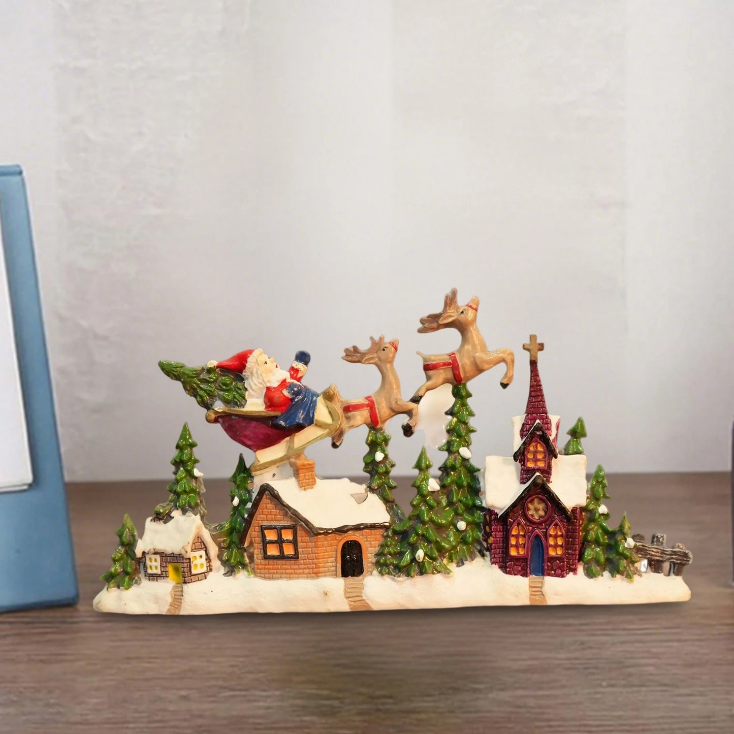 Christmas Santa Sleigh and Reindeer Snowy Village Scene Ornament Festive Micro Landscape Decoration for Home Tabletop Display