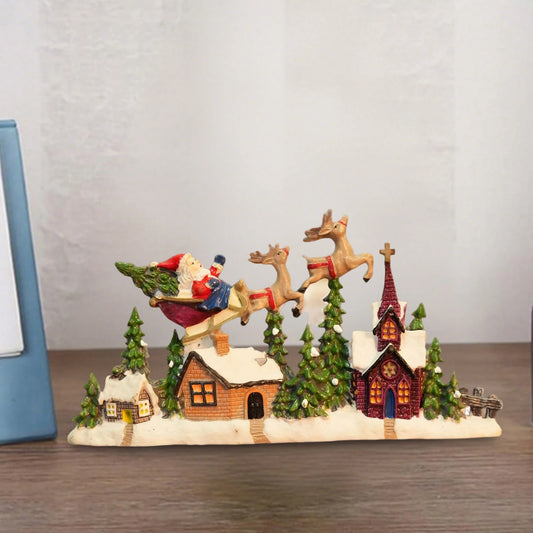 Christmas Santa Sleigh and Reindeer Snowy Village Scene Ornament Festive Micro Landscape Decoration for Home Tabletop Display