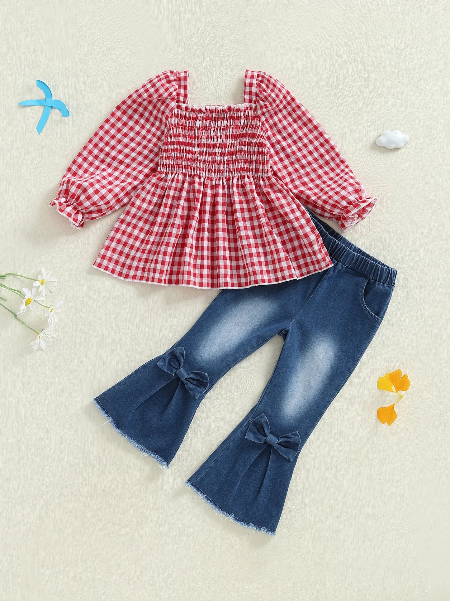 Girls 2-Piece Winter Outfits Long Sleeve Floral Print Ruffle Tops Skinny Jeans Set Children Clothing Fashion Wear