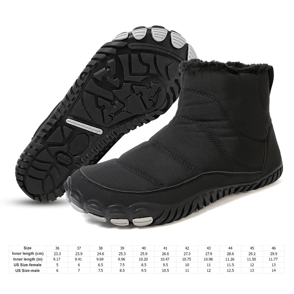 Winter Snow Boots Minimalist Barefoot Trainers Waterproof Casual Ankle Boots Zip Closure Trail Running Shoes for Hiking Climbing