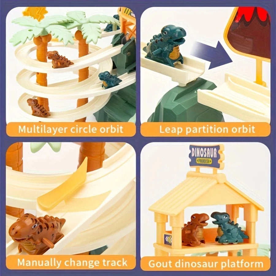 Dinosaur Climbing Slide Toy, Dinosaur Race Track Game Dino Car Track Adventure with Climbing Stairs, Lights & Music Roller Coast