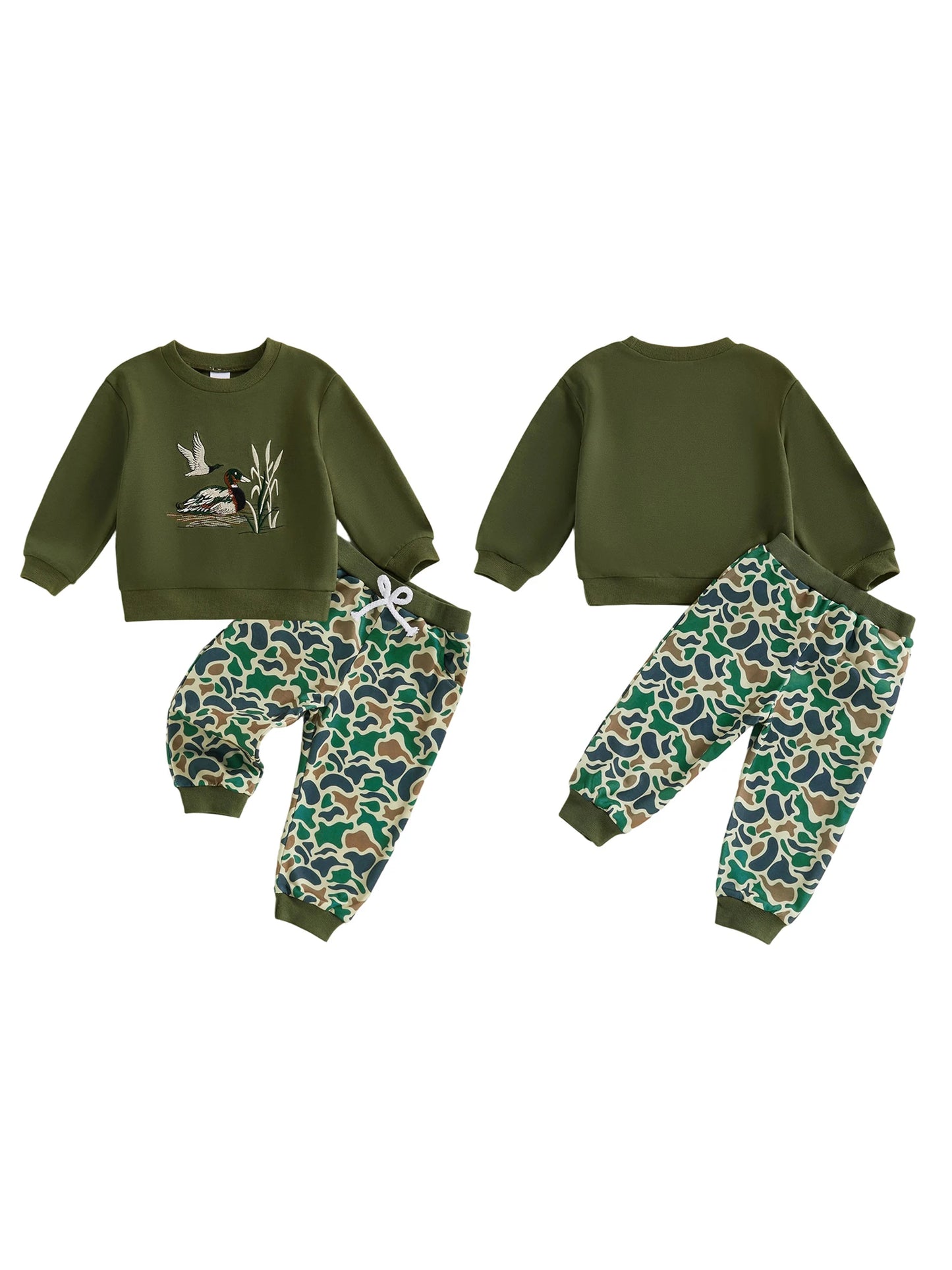 Cute Toddler Boy Autumn Clothes Set with Adorable Duck Embroidery Design on Long Sleeve Pullover and Matching Print Pants