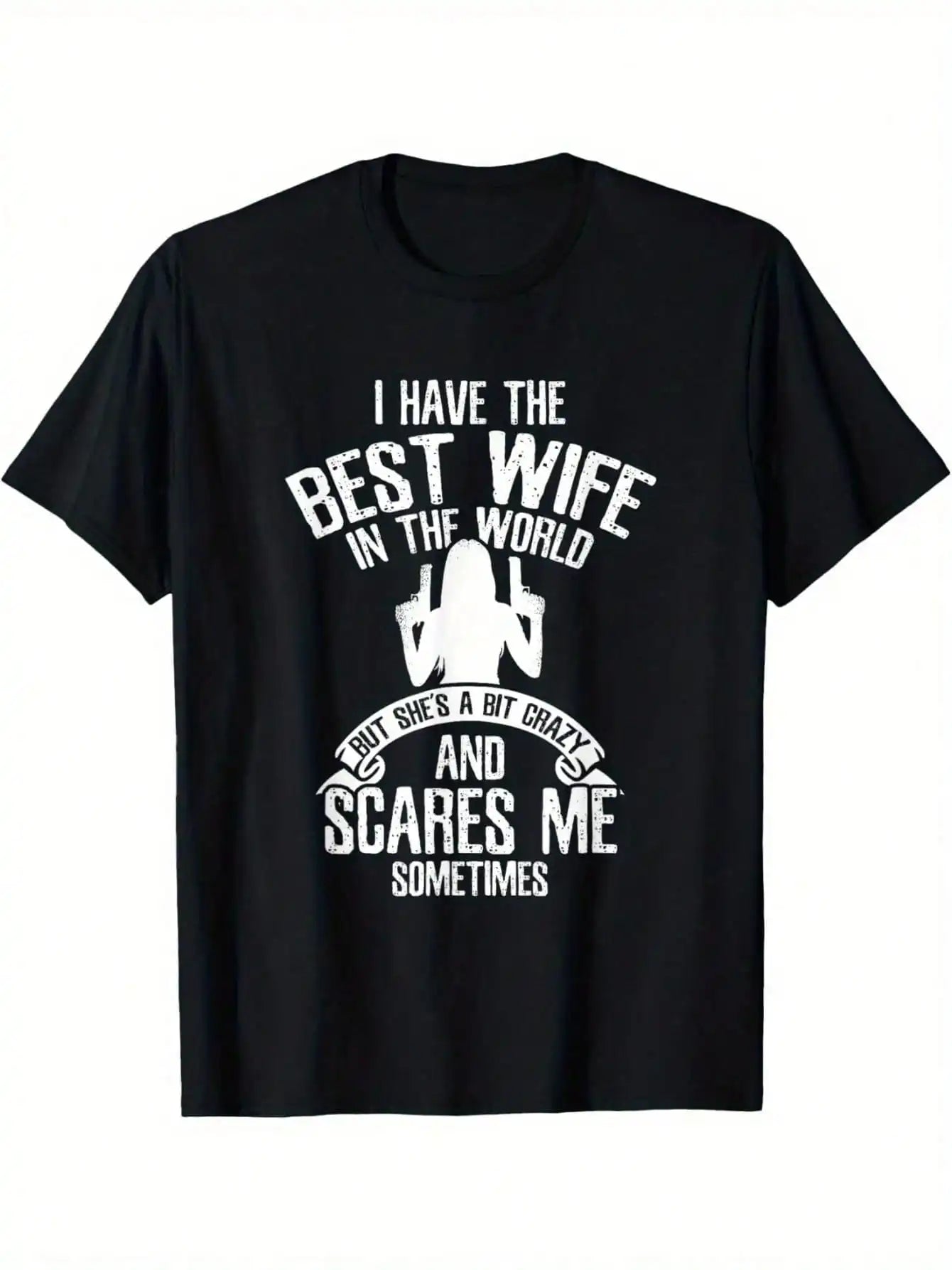 Men's Funny "Best Wife" Graphic Cotton T-Shirt - Casual Crewneck Plus Size Black With White Print