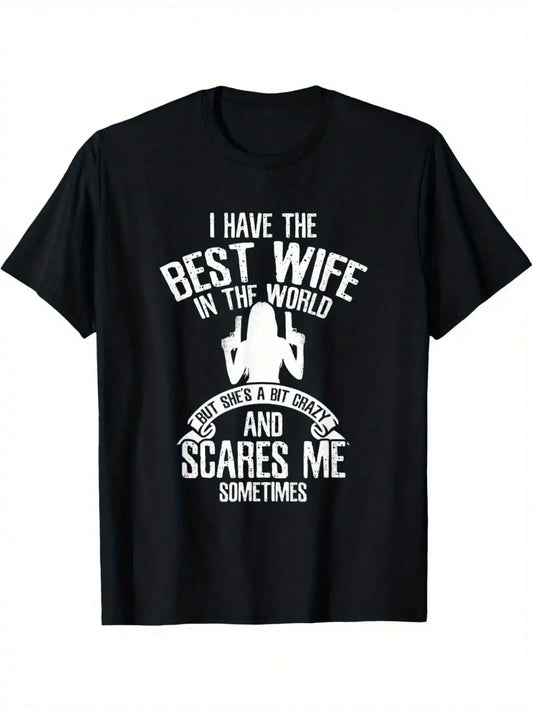 Men's Funny "Best Wife" Graphic Cotton T-Shirt - Casual Crewneck Plus Size Black With White Print