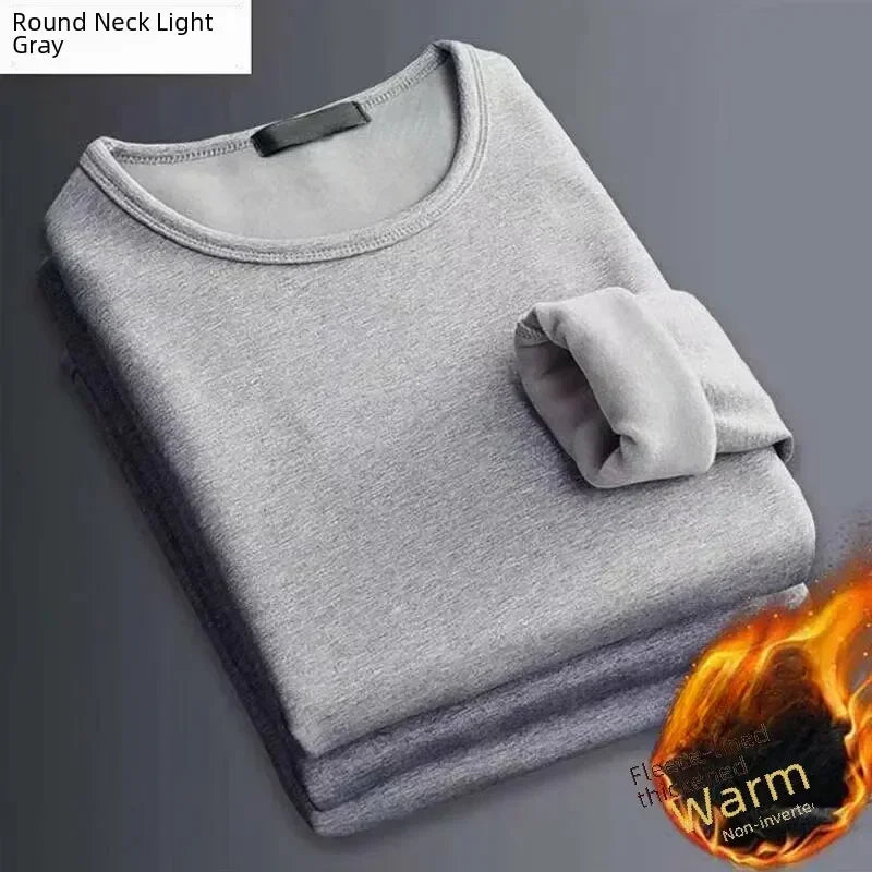 Men's Winter Thermal Underwear Tops Fleece-lined Thickened Warm Sweatshirt Solid Color O-neck V-neck Base Shirt Large Size 5XL