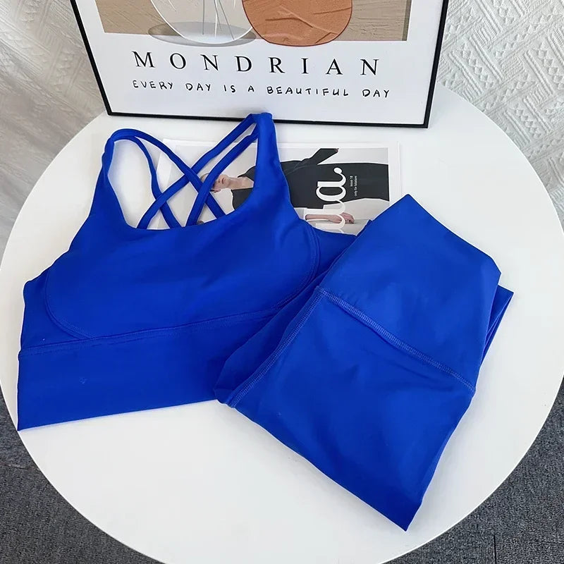 New 2 Piece Yoga Set Breathable Fitness Suit Cross Back Yoga Tops Peach Butt Yoga Pants Pilates Running Fitness Suit