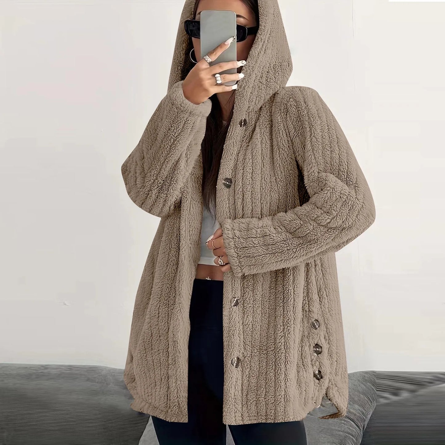 Button Hooded Jacket Plush Top Irregular Trendy Brand Solid Color Jacket For Women Feather Coats Parkas Women'S Coat Winter Jack