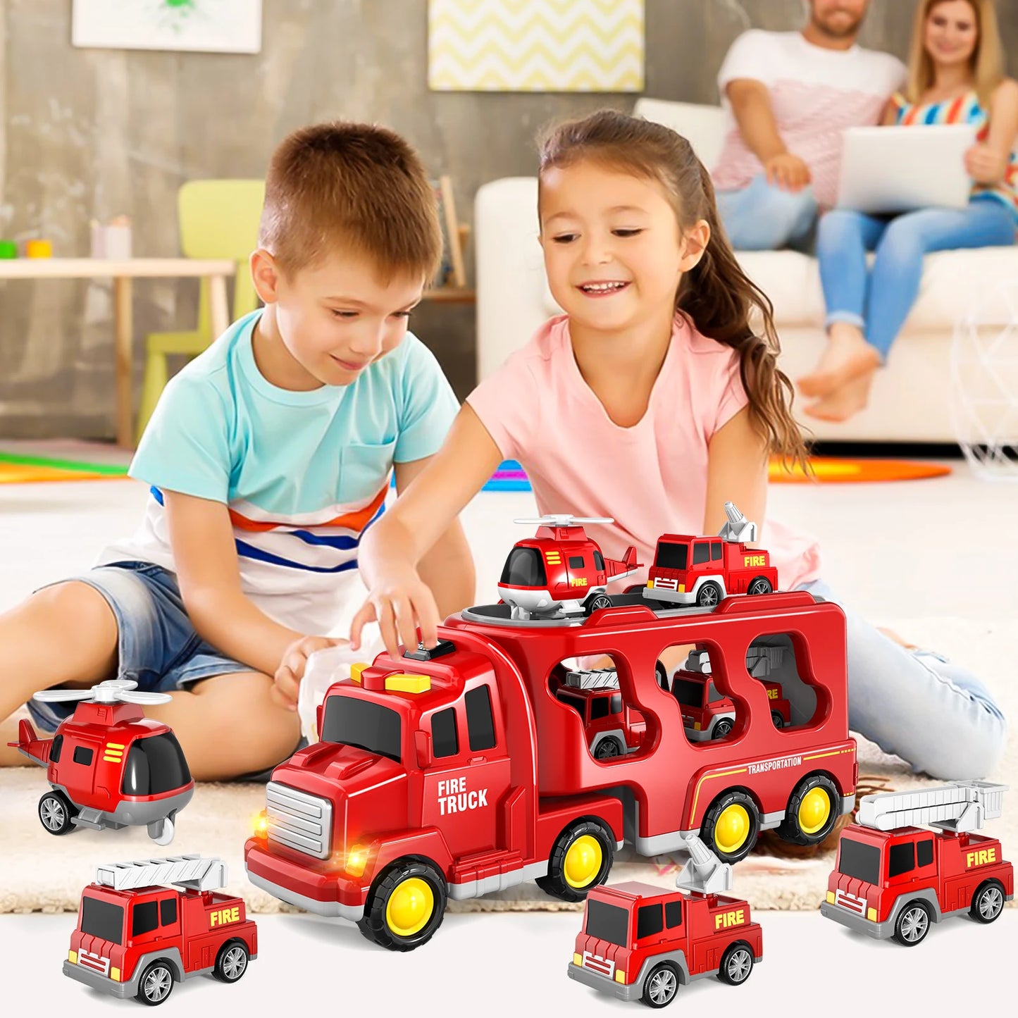 5 In 1 Fire Car Trucks Toddler Toys For Boys Age 1-5 Red Carrier Fire Truck With Light And Sound Mini Helicopter Crane Cars Sets