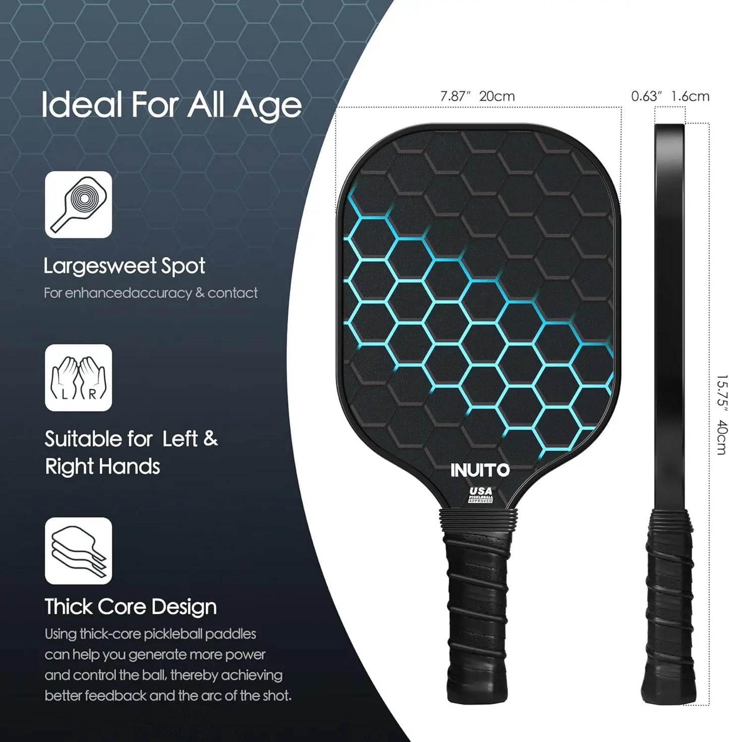 Pickleball Paddles Set of 2 with Bag, 16mm Thick, Large Sweet Spot for Men and Women