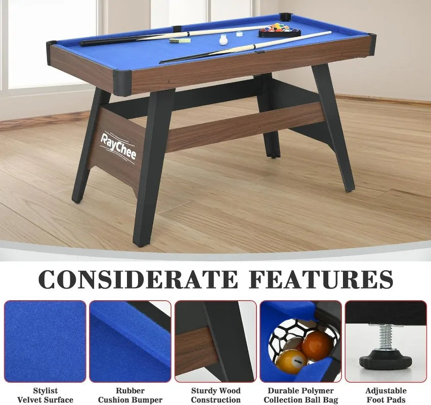 Pool Table, Portable Wooden Billiards Table for Kids, Indoor Pool Game Tables with 2 Cue Sticks, 16 Balls, Triangle, Chalk