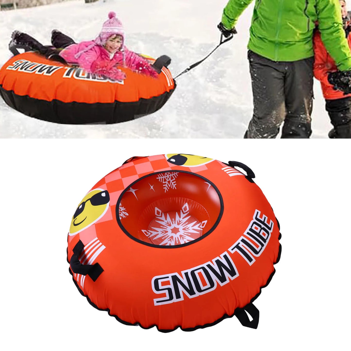 Inflatable Snow Sled 43.3 Inch Snow Tube PVC Cold Proof Ski Ring Winter Toy with 2 Handles and Towable Strap for Outdoor Sleddin