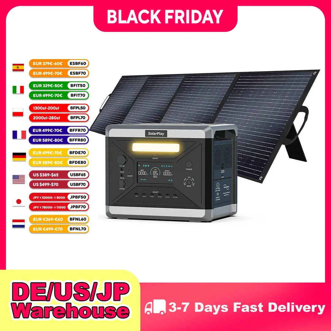 SOLARPLAY 2400W Powerstation Q2501 Energy Storage Foldable 200W Solar Panels Complete House Kit Photovoltaic System Outdoor Home
