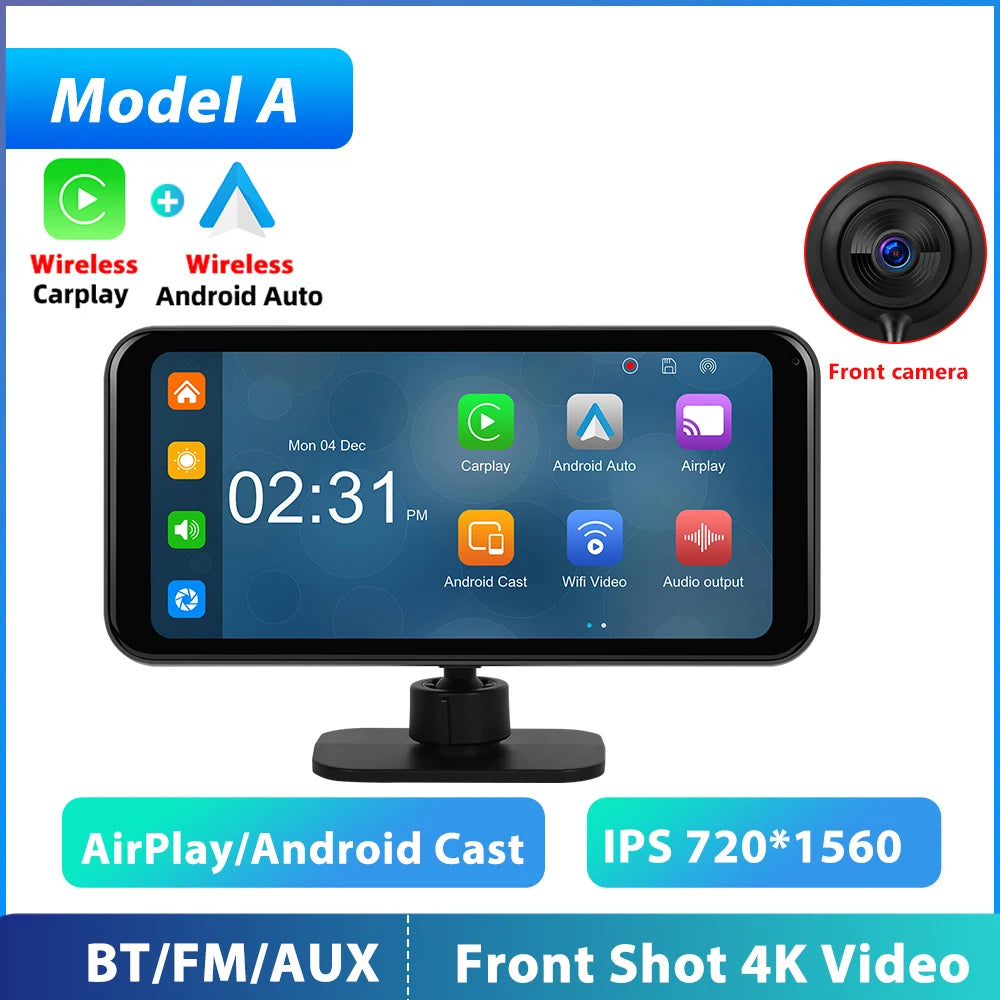 Podofo 6.25 inch Wireless CarPlay Android Auto Support Rear Camera  GPS Navigation Dashboard DVR 4K Bluetooth FM AUX