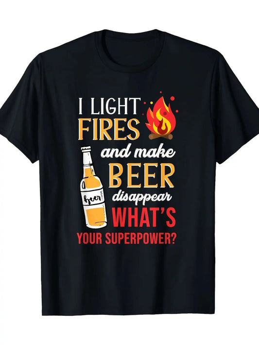 [Fun Camping T-Shirt] Cosy Cotton Fun 'I Light the Fire and Make the Beer Disappear' Camping T-Shirt