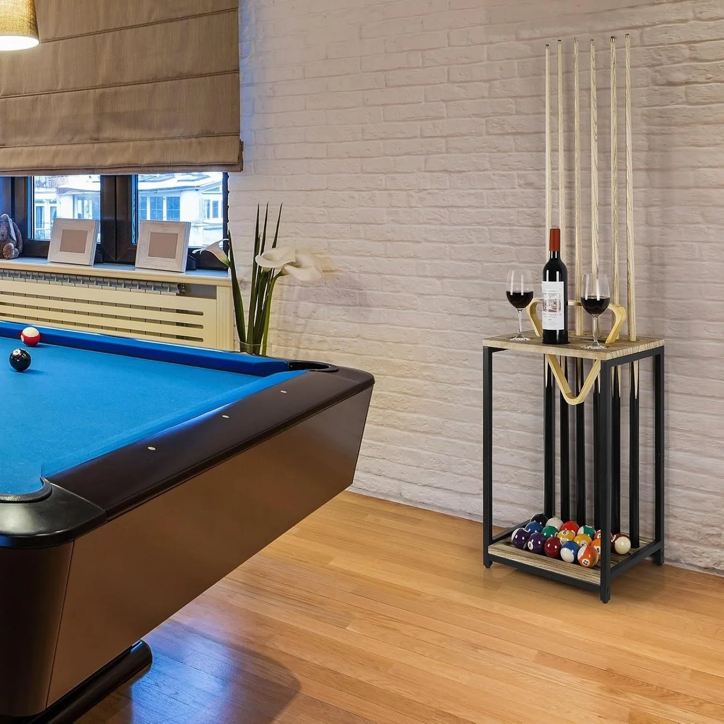 6-Cue Pool Rack Wood Floor Stand, Billiard Stick Holder for Game Room Club, Wall Mount Optional Pool Table Accessories