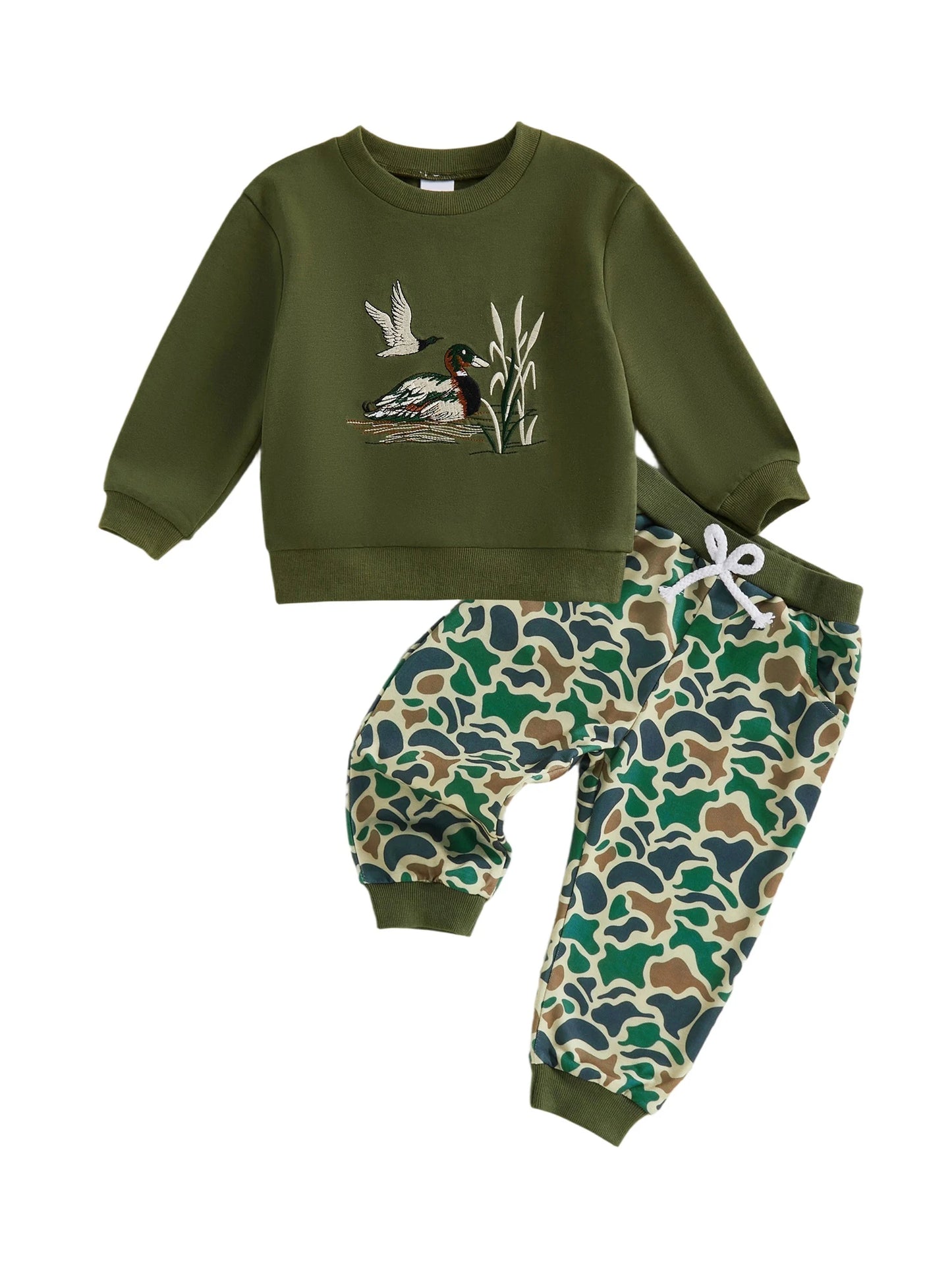 Cute Toddler Boy Autumn Clothes Set with Adorable Duck Embroidery Design on Long Sleeve Pullover and Matching Print Pants