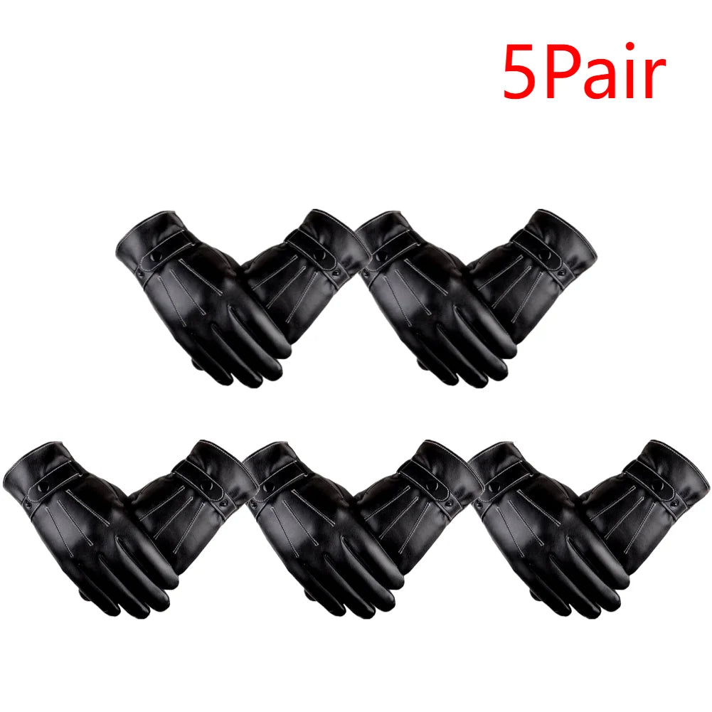 1-5Pair Men Cycling Warm Gloves PU Leather Protection Riding Gloves Adjustable Button Closure for Camping Climbing Hiking Sports