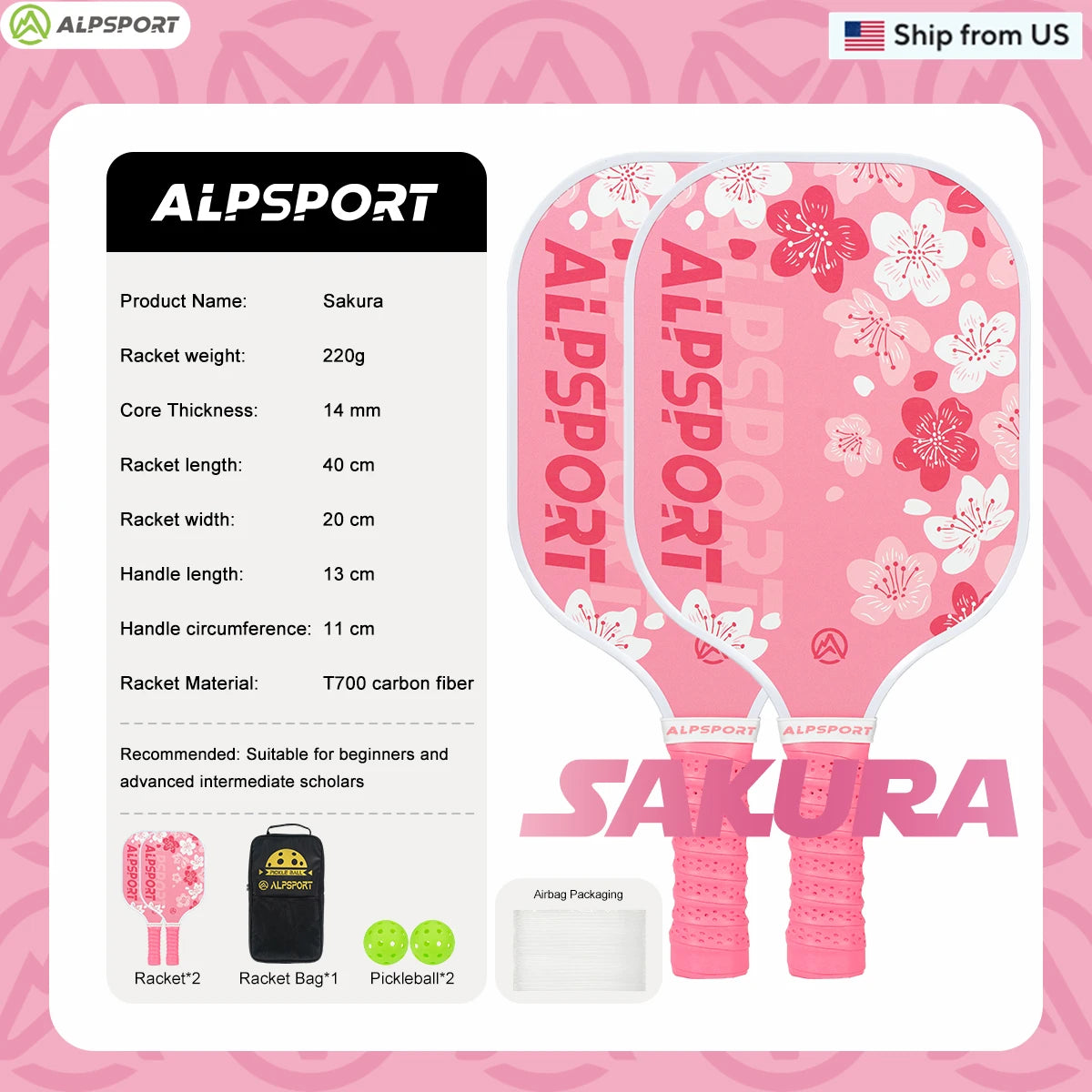 ALPSPORT SakuraUSAPA Pickleball Paddle Women's T700 Carbon Fiber Beginner-Friendly Pro Training Set Pink With 2 Free Balls