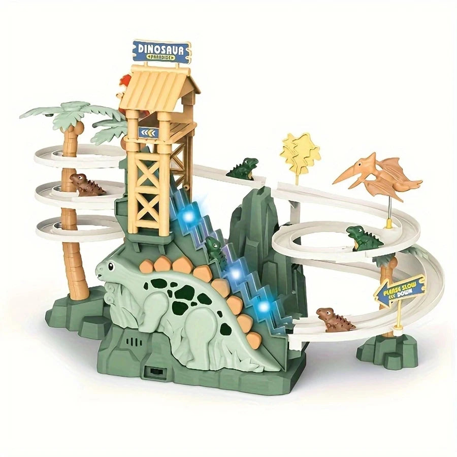 Dinosaur Climbing Slide Toy, Dinosaur Race Track Game Dino Car Track Adventure with Climbing Stairs, Lights & Music Roller Coast