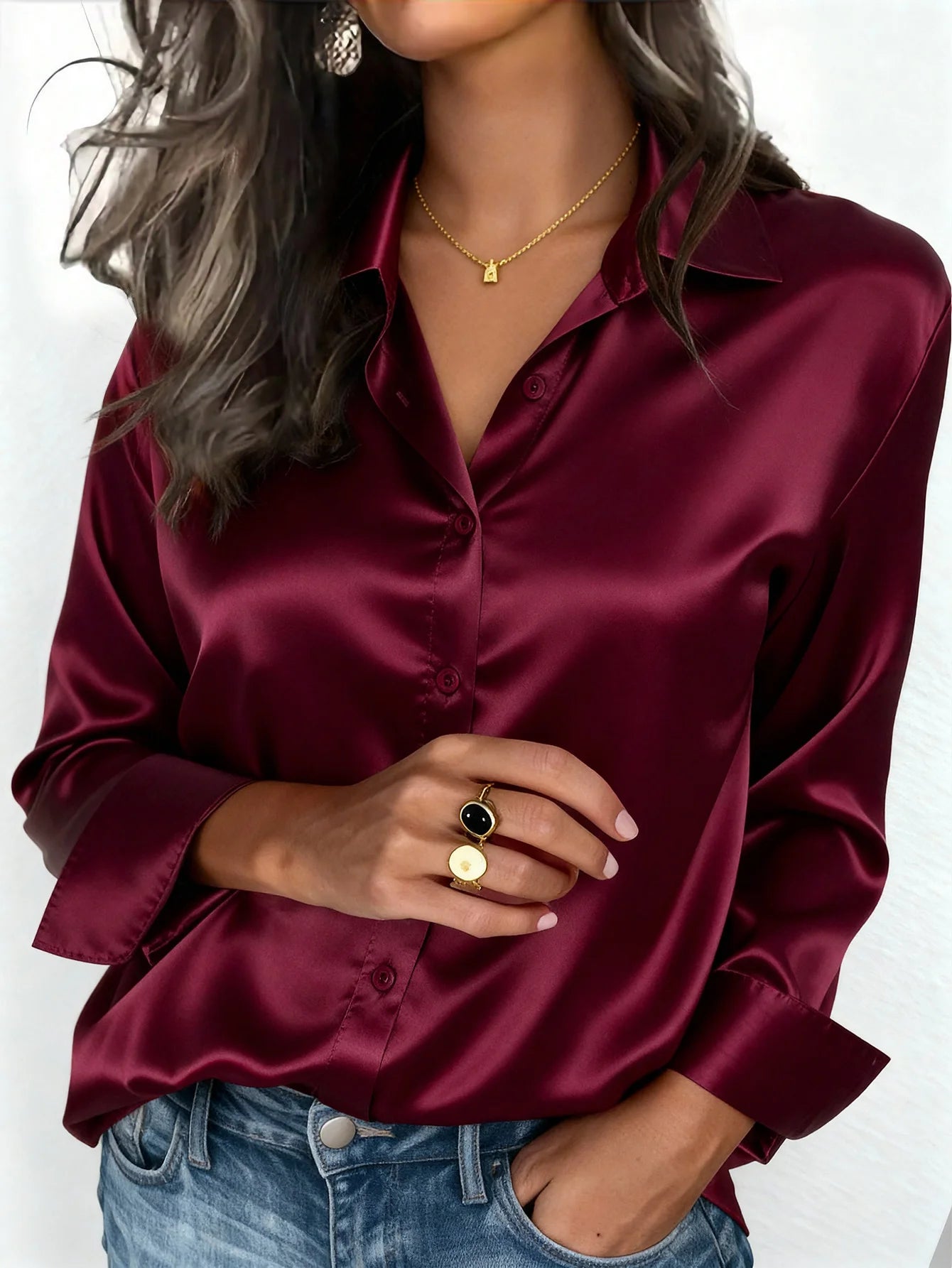 Women's Satin Button-Up Blouse, Elegant Collared Shirt for Office or Casual Wear, Autumn Winter Spring