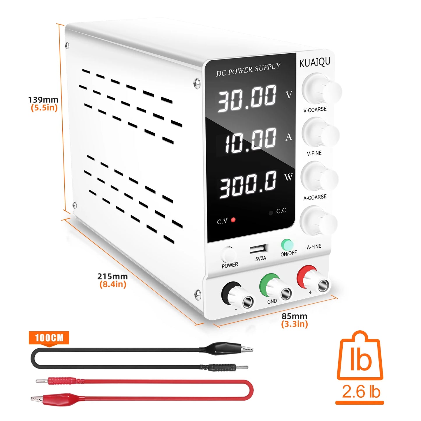 KUAIQU Adjustable Switching DC Power Supply 30V 10A 6A Lab Bench Power Supply 60V 5A 120V 3A Output Preset Current USB Interface