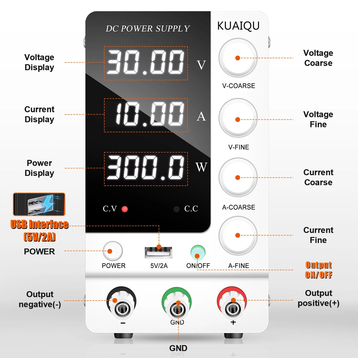 KUAIQU Adjustable Switching DC Power Supply 30V 10A 6A Lab Bench Power Supply 60V 5A 120V 3A Output Preset Current USB Interface
