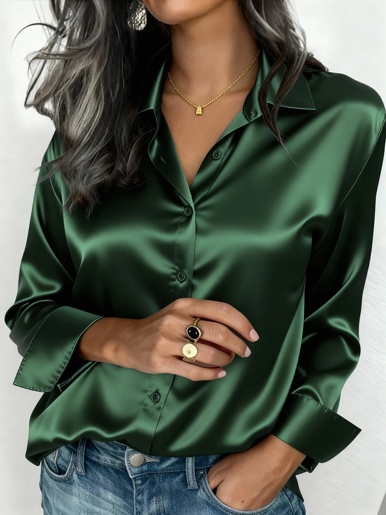 Women's Satin Button-Up Blouse, Elegant Collared Shirt for Office or Casual Wear, Autumn Winter Spring