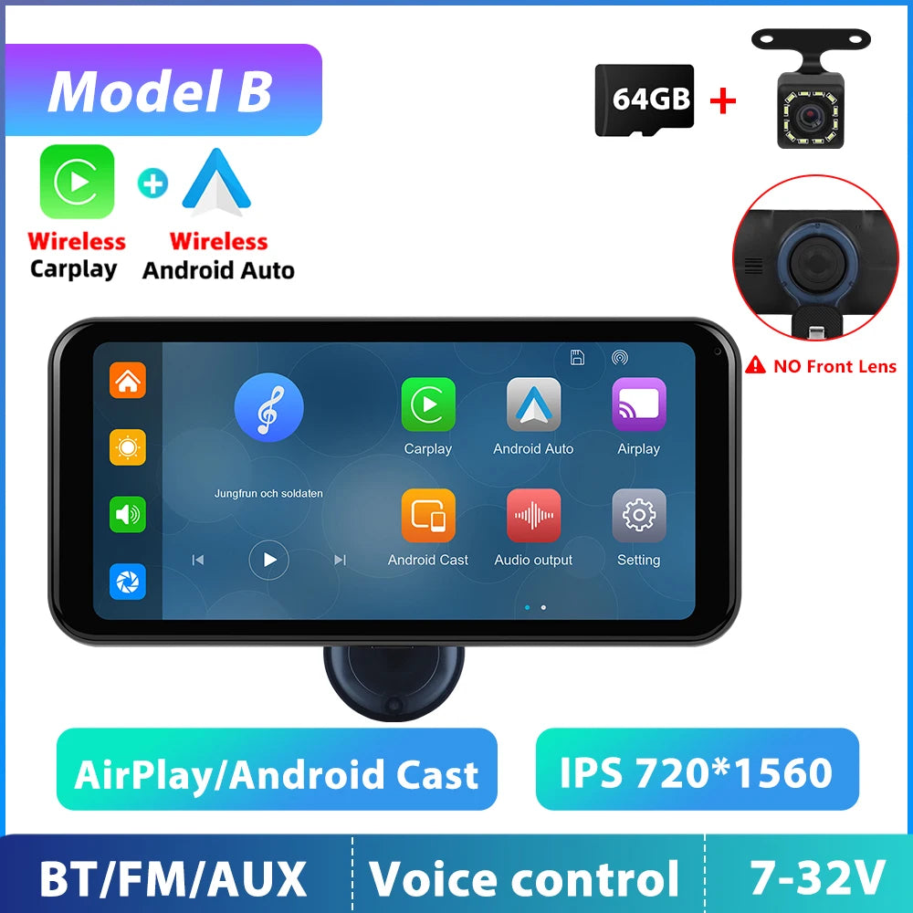 Podofo 6.25 inch Wireless CarPlay Android Auto Support Rear Camera  GPS Navigation Dashboard DVR 4K Bluetooth FM AUX