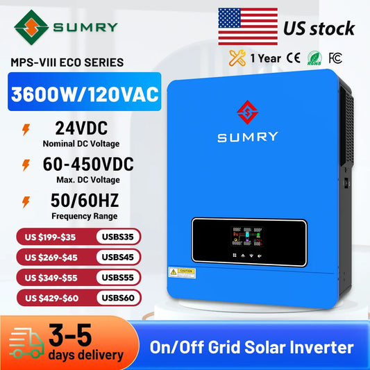 Sumry 3.6kw Hybrid Solar Inverter 110/120v 24v Dual Output with MPPT 120A 60-450v 50/60hz Home Inversor Pure Sine Wave