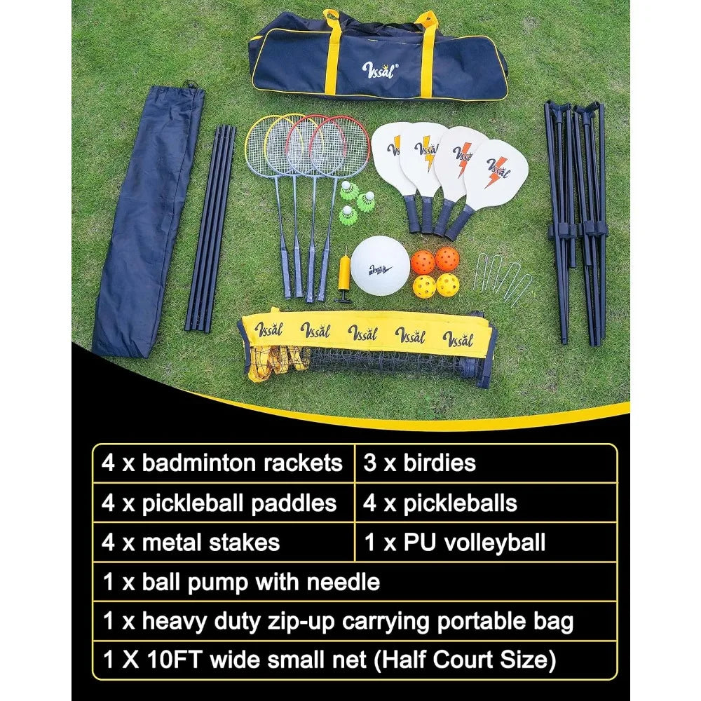 NEW - 10FT Portable All-in-One Badminton, Pickleball and Kids’ Volleyball Net Set Half Court (10ft Wide x 7ft max