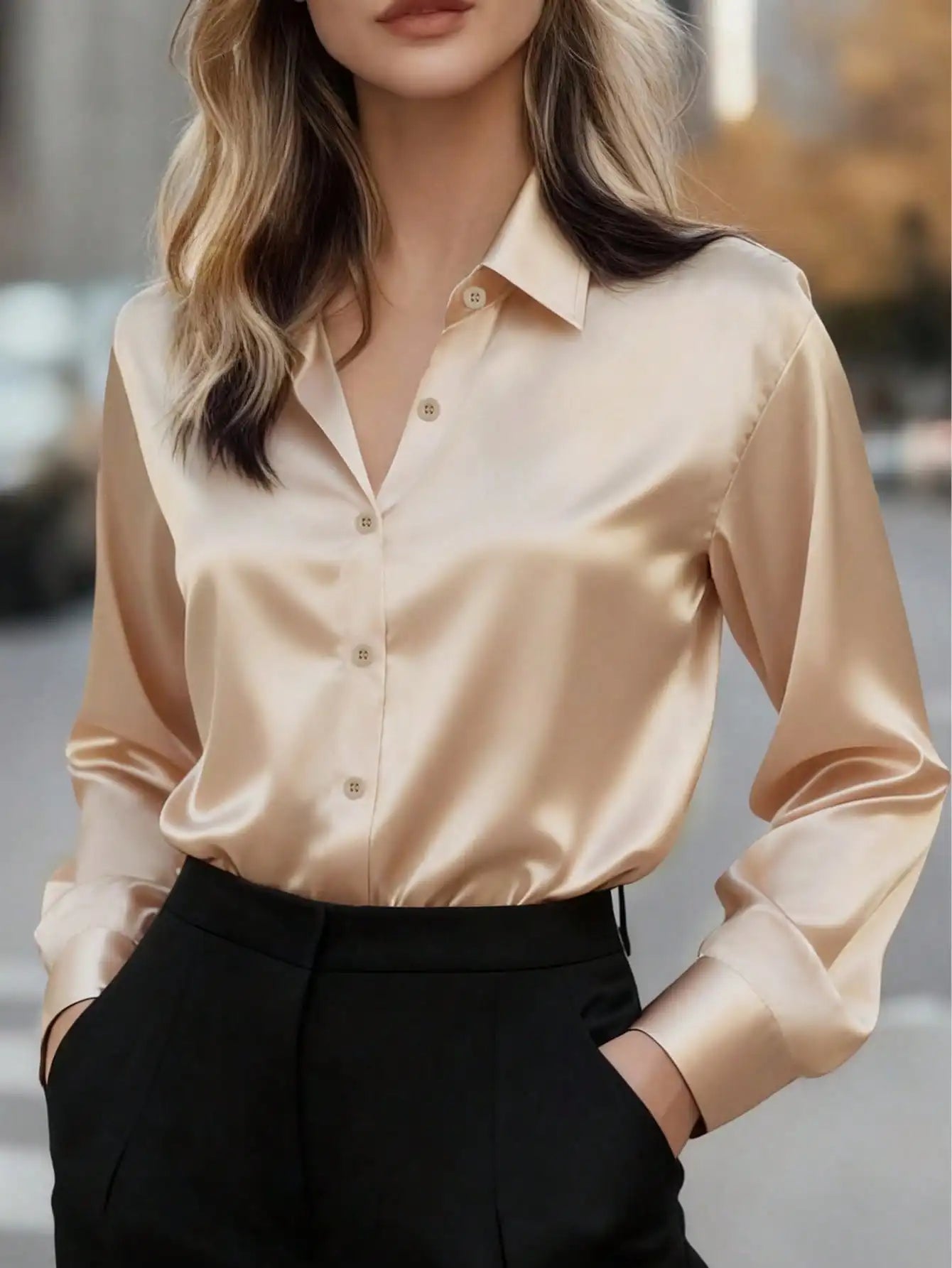 Women's Satin Button-Up Blouse, Elegant Collared Shirt for Office or Casual Wear, Autumn Winter Spring