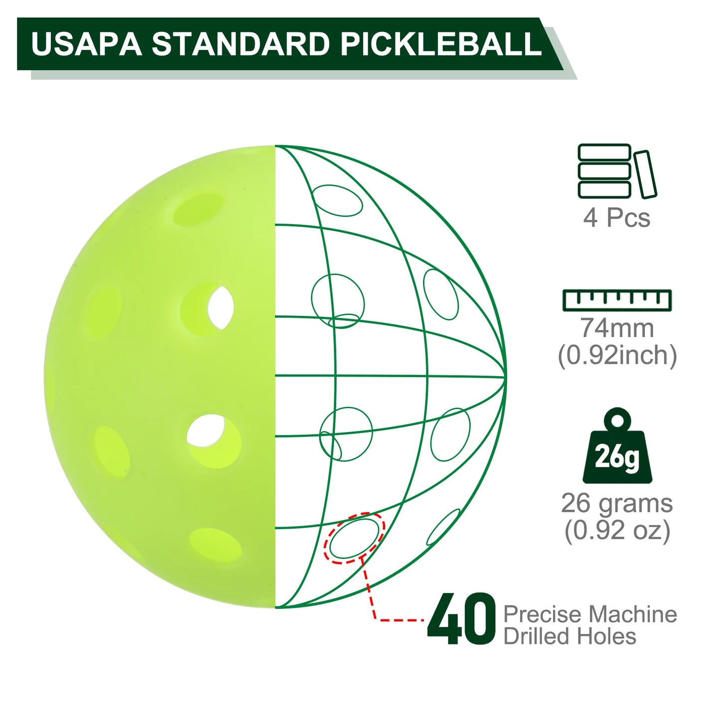Outdoor Pickleball Balls 40 Holes Pickleball 4 Pack Pickleball Balls for Amateurs Indoor and Outdoor Sport, Neon Green