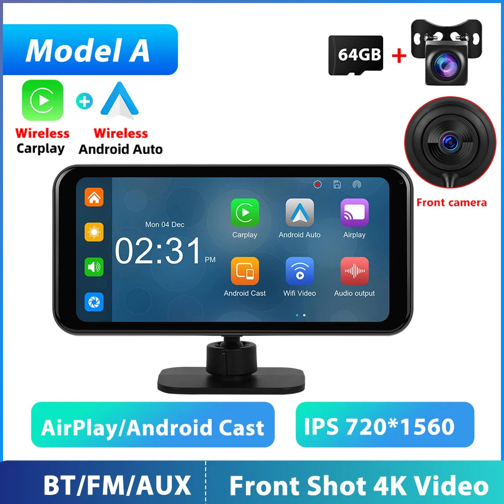 Podofo 6.25 inch Wireless CarPlay Android Auto Support Rear Camera  GPS Navigation Dashboard DVR 4K Bluetooth FM AUX