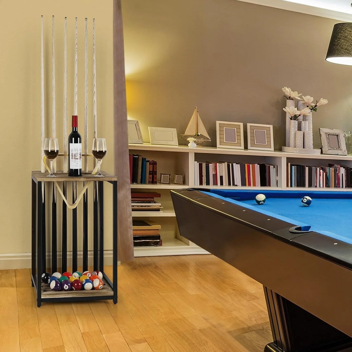 6-Cue Pool Rack Wood Floor Stand, Billiard Stick Holder for Game Room Club, Wall Mount Optional Pool Table Accessories