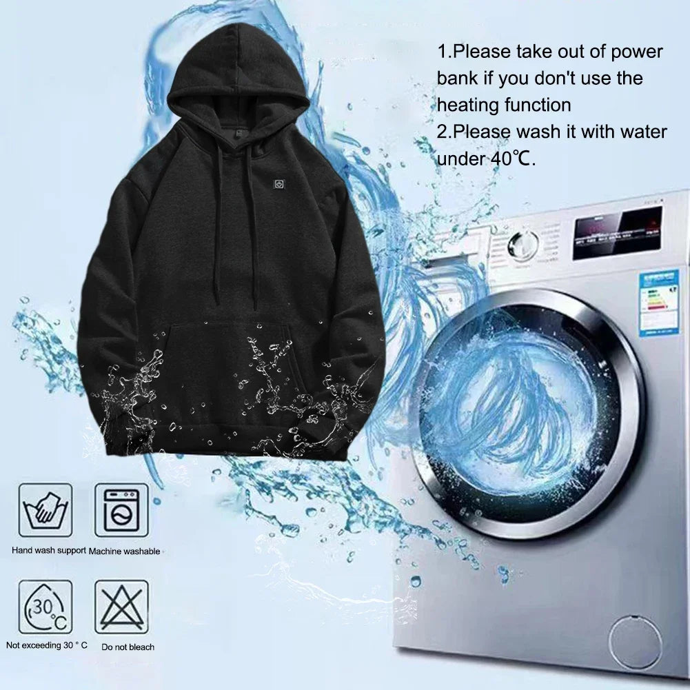 Men Women USB Heating Hoodies USB Rechargeable Long Sleeve Streetwear Loose Coats 3 Heat Levels for Camping Outdoor Work Fishing