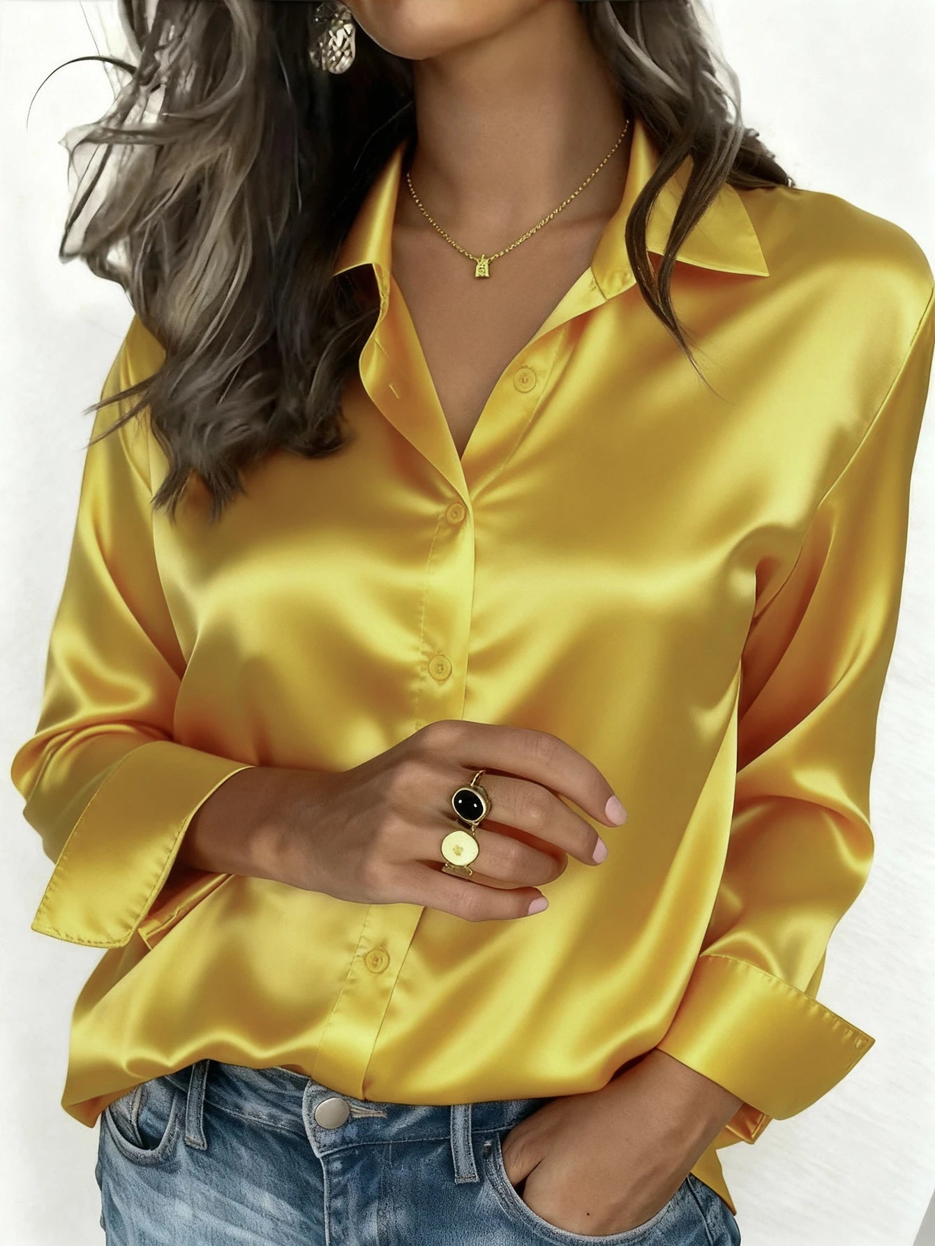 Women's Satin Button-Up Blouse, Elegant Collared Shirt for Office or Casual Wear, Autumn Winter Spring