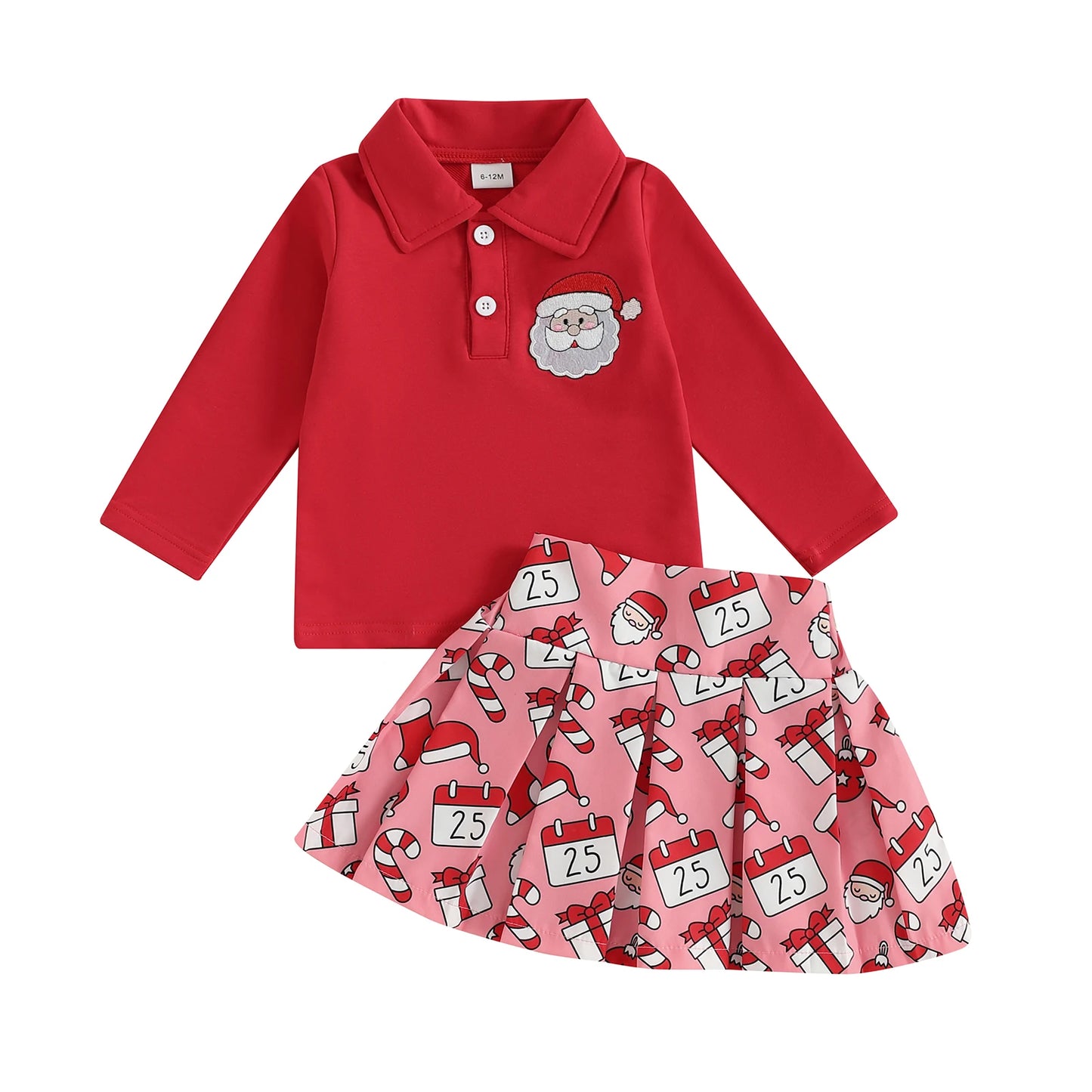 Girls Christmas Outfit with Lapel Long Sleeves Sweatshirt and Gingerbread Man Print Skirt - 2 Piece Set for Kids