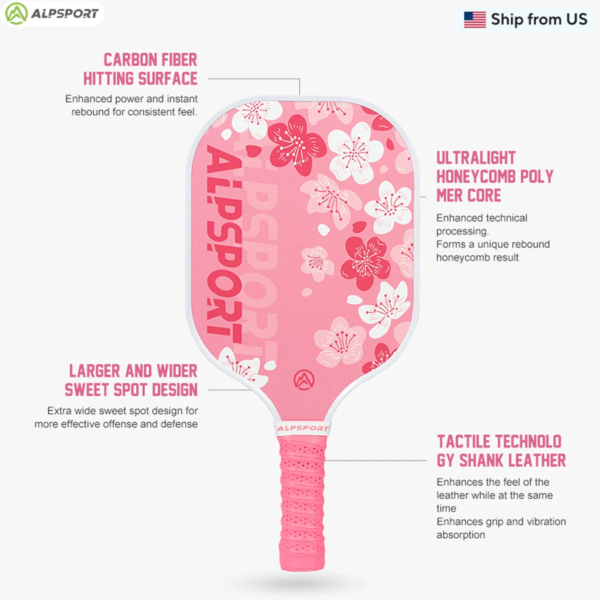 ALPSPORT SakuraUSAPA Pickleball Paddle Women's T700 Carbon Fiber Beginner-Friendly Pro Training Set Pink With 2 Free Balls