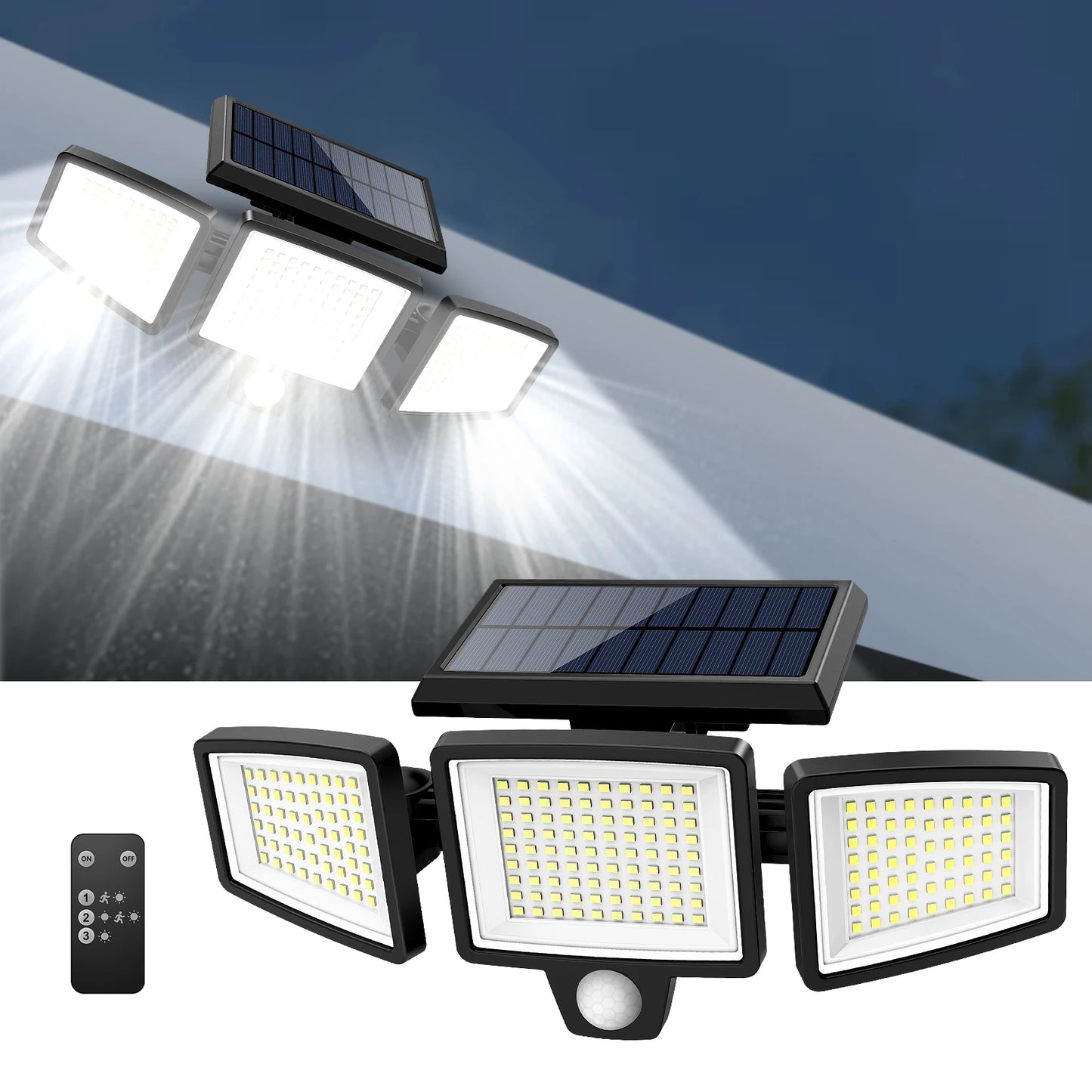 Three-Head Outdoor Waterproof Solar Light with 200+ LEDs and Motion Sensor Security Light for Porches, Garages, Yard Entrances,