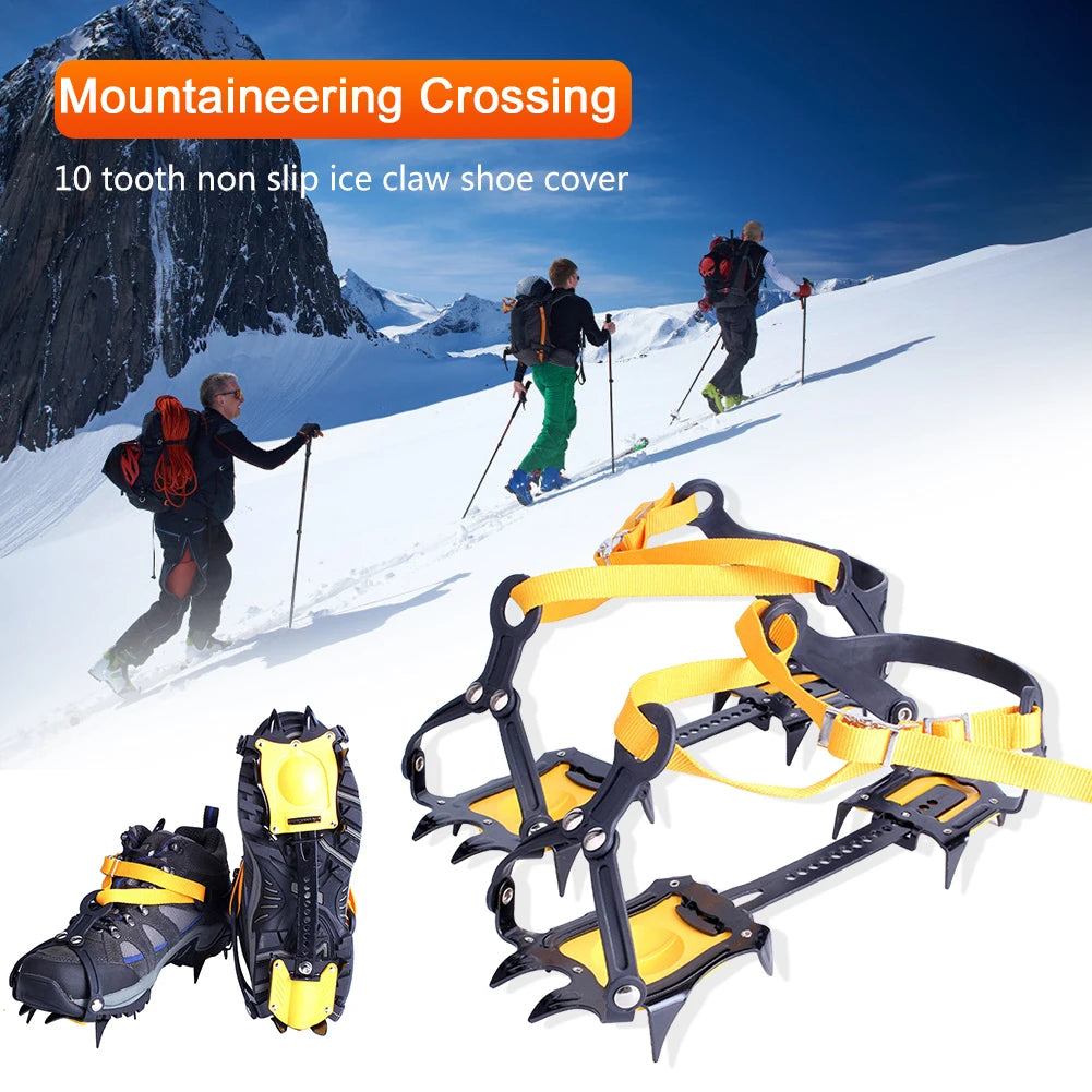 1 Pair New Mountaineering Cleats Stainless Steel 10 Teeth Bundled Crampons Anti-Slip with Carry Bag Adjustable for Men and Women