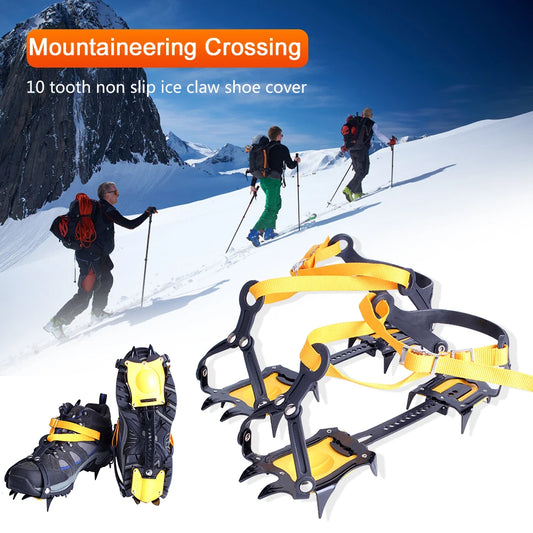 1 Pair New Mountaineering Cleats Stainless Steel 10 Teeth Bundled Crampons Anti-Slip with Carry Bag Adjustable for Men and Women