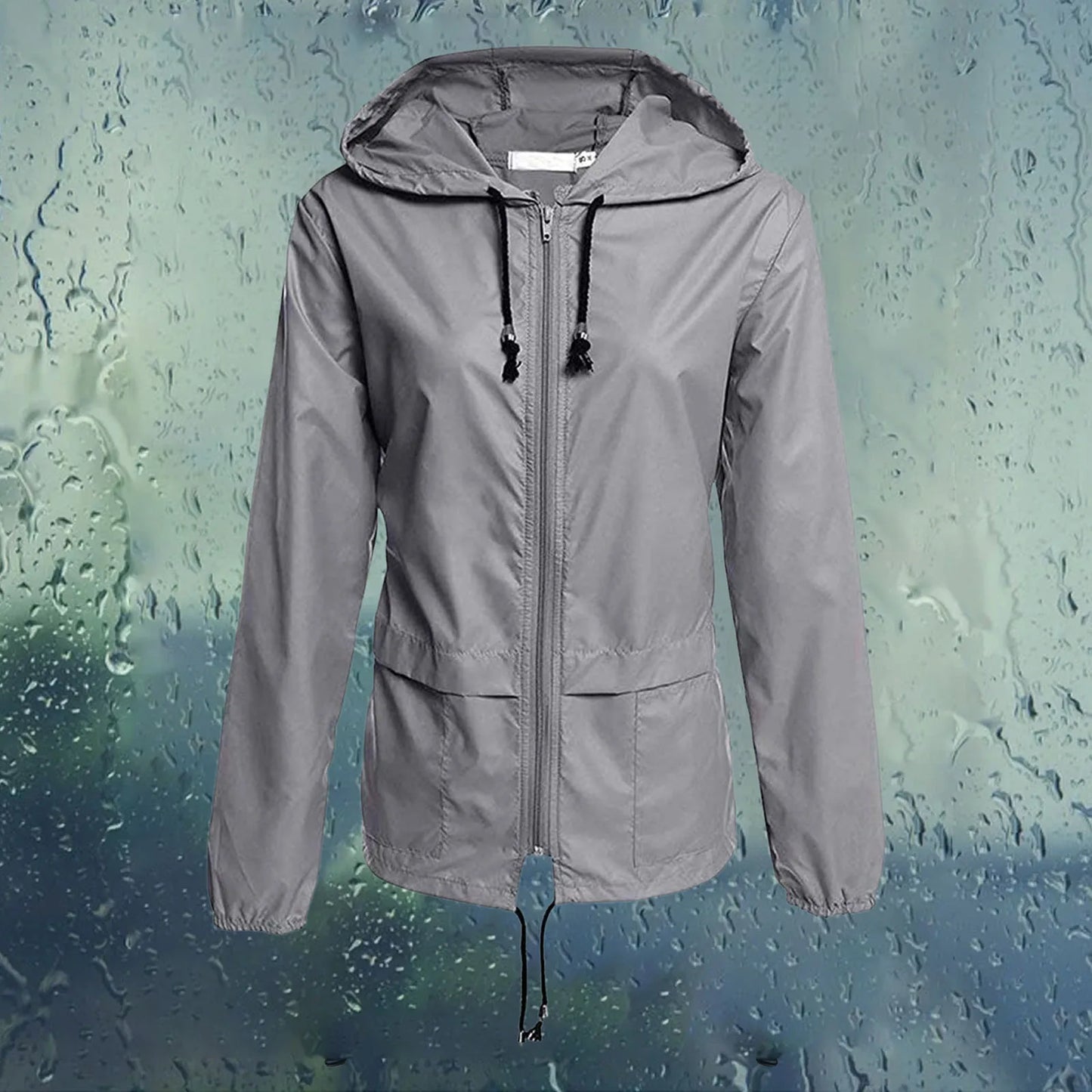 Women Lightweight Packable Raincoat Waterproof Hooded Windbreaker with Adjustable Drawstring and Zipper Pockets for Outdoor