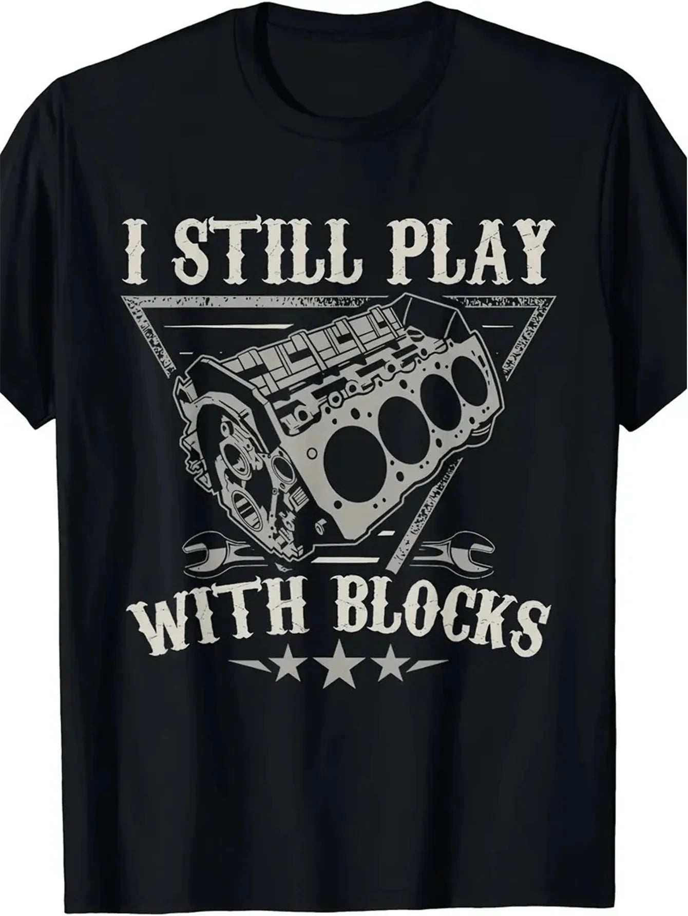 Men's Humorous Car Enthusiast T-Shirt - 'I Still Play with Blocks' Graphic Tee, Casual Cotton Wear, Unique Gift for Mechanics